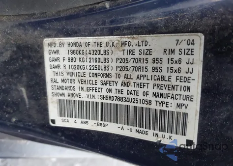 2004 Honda Cr-V Ex from USA, damaged, VIN SHSRD78834U251058